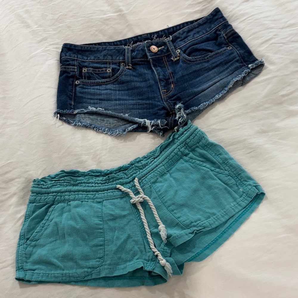 American Eagle Outfitters Dark Denim Cutoff & Roxy Teal Drawstring Shorts Set